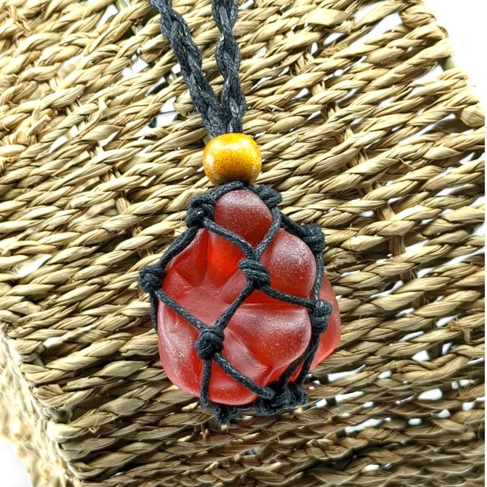 Amberina Tumbled Art Glass Glowing Pendant Necklace Black Braided Cord‎ J2425